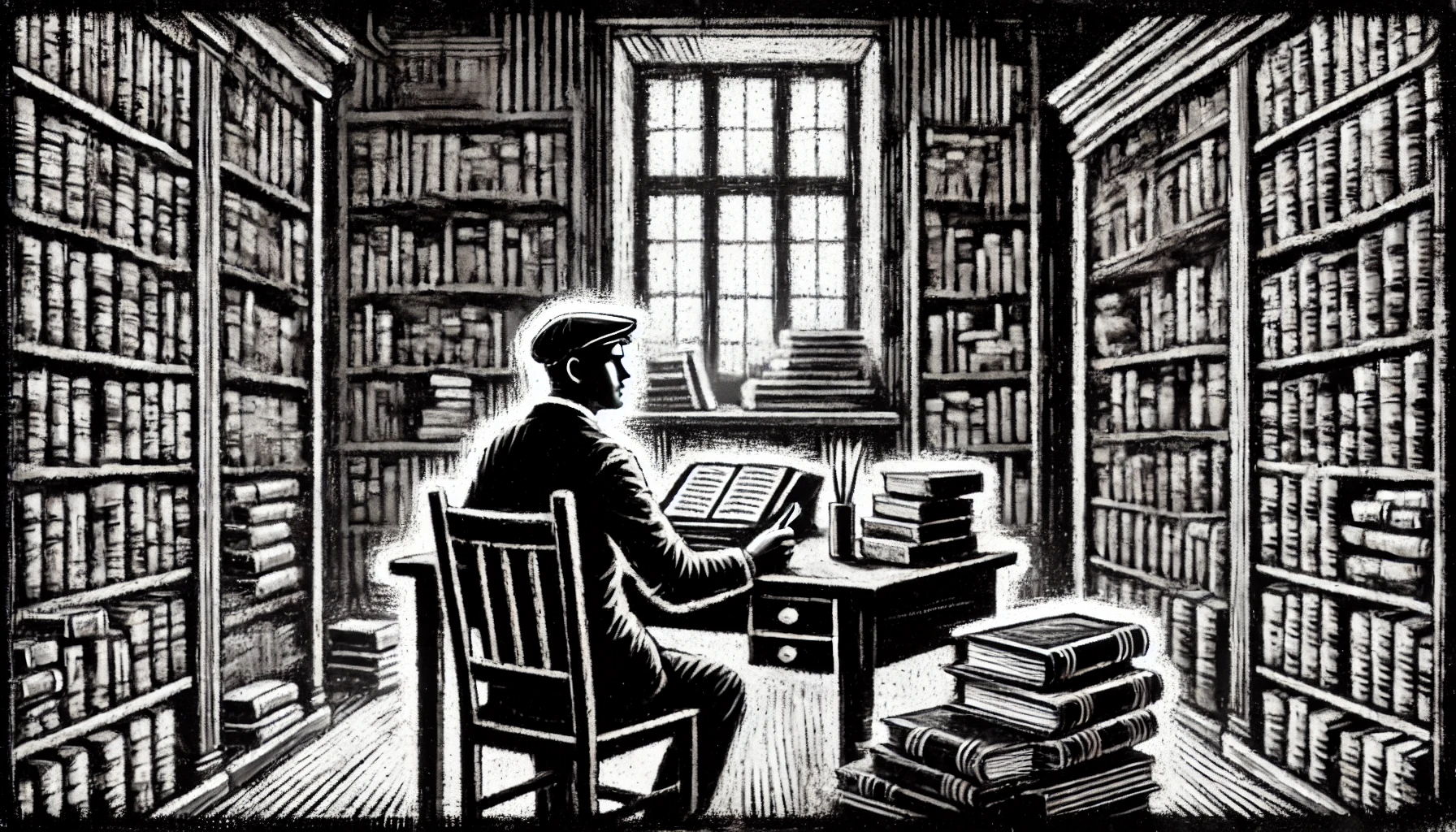 A young man sitting in a library surrounded by books